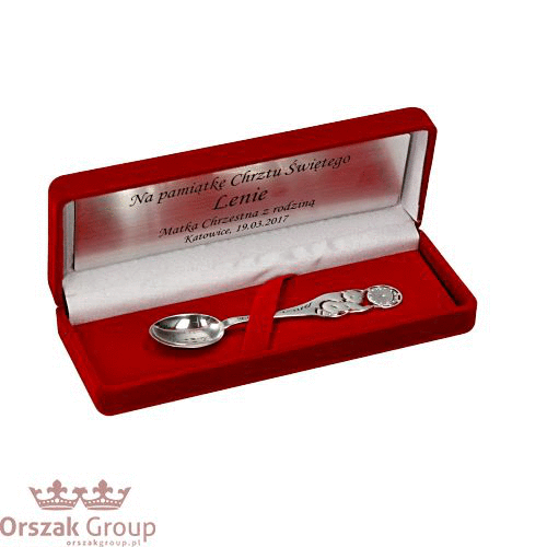 Srebrna łyżeczka w pudełku z grawerem – widok 360°